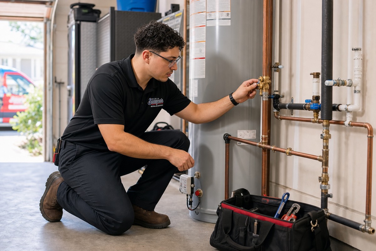 Plumber inspecting water heater plumbing valves for urgent repair service