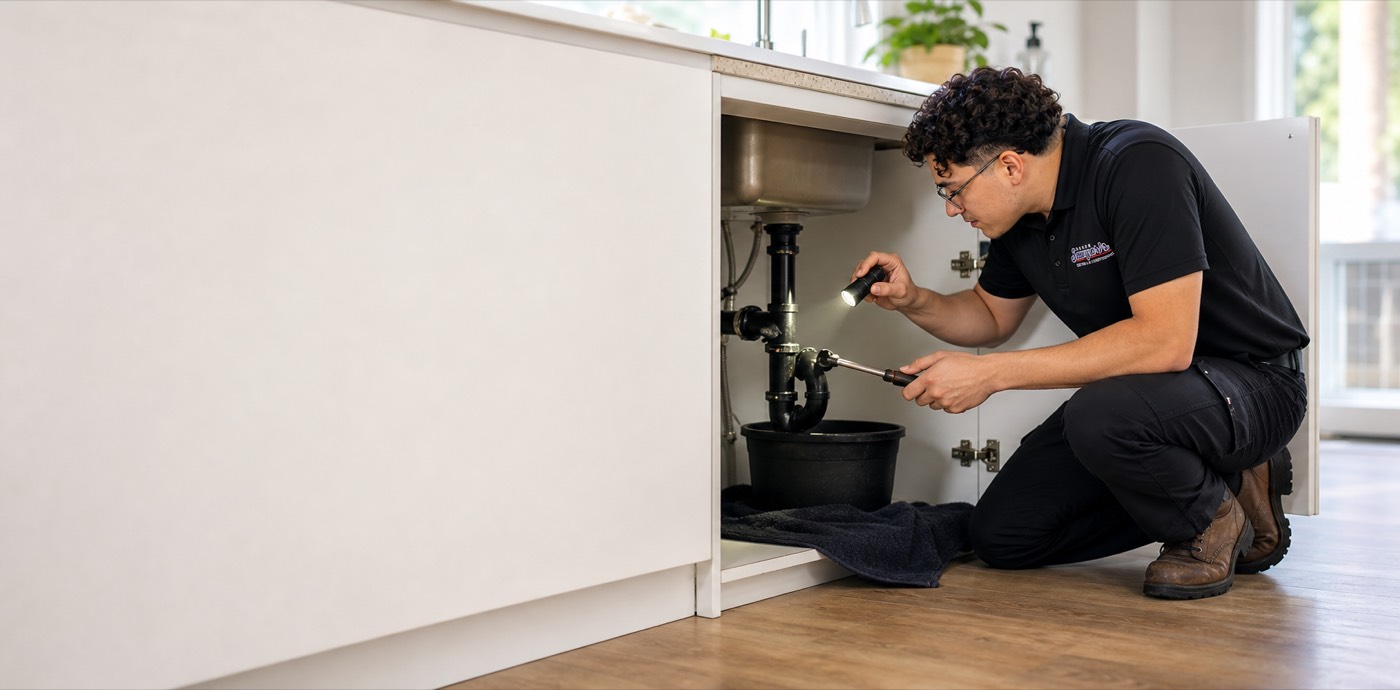 Emergency plumber inspecting an under-sink leak in a Modesto home
