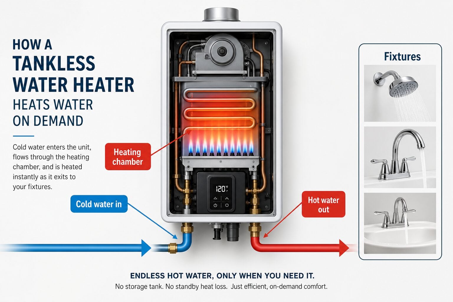 Diagram showing how a tankless water heater heats water on demand