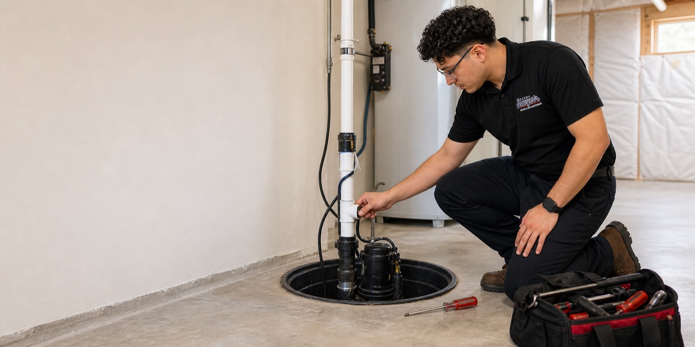 Technician inspecting a sump pump installation in a Modesto home