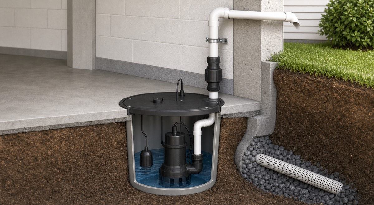 Diagram of a residential sump pump system with basin discharge pipe and drain tile