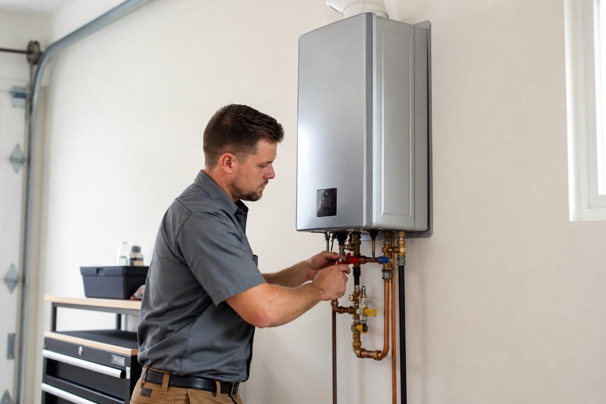Technician installing a tankless water heater in a Modesto home
