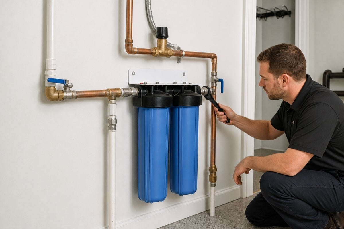 Whole house water filtration system installed in a Modesto home