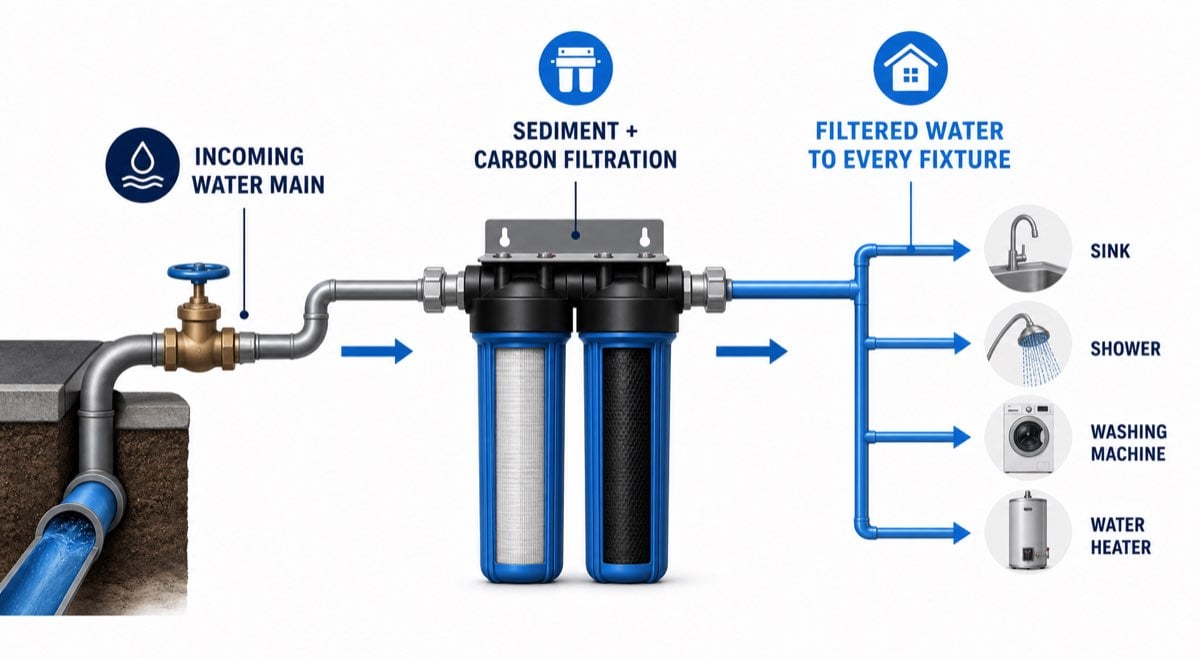 Diagram showing how a whole house water filtration system works