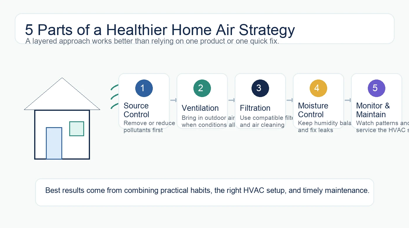 Diagram showing source control, ventilation, filtration, moisture control and air quality monitoring