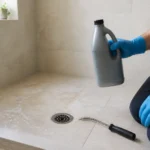 Homeowner deciding how to clear a clogged shower drain