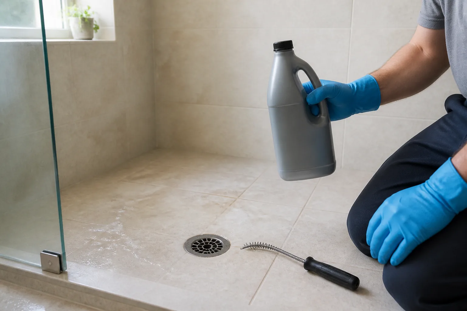 Homeowner deciding how to clear a clogged shower drain