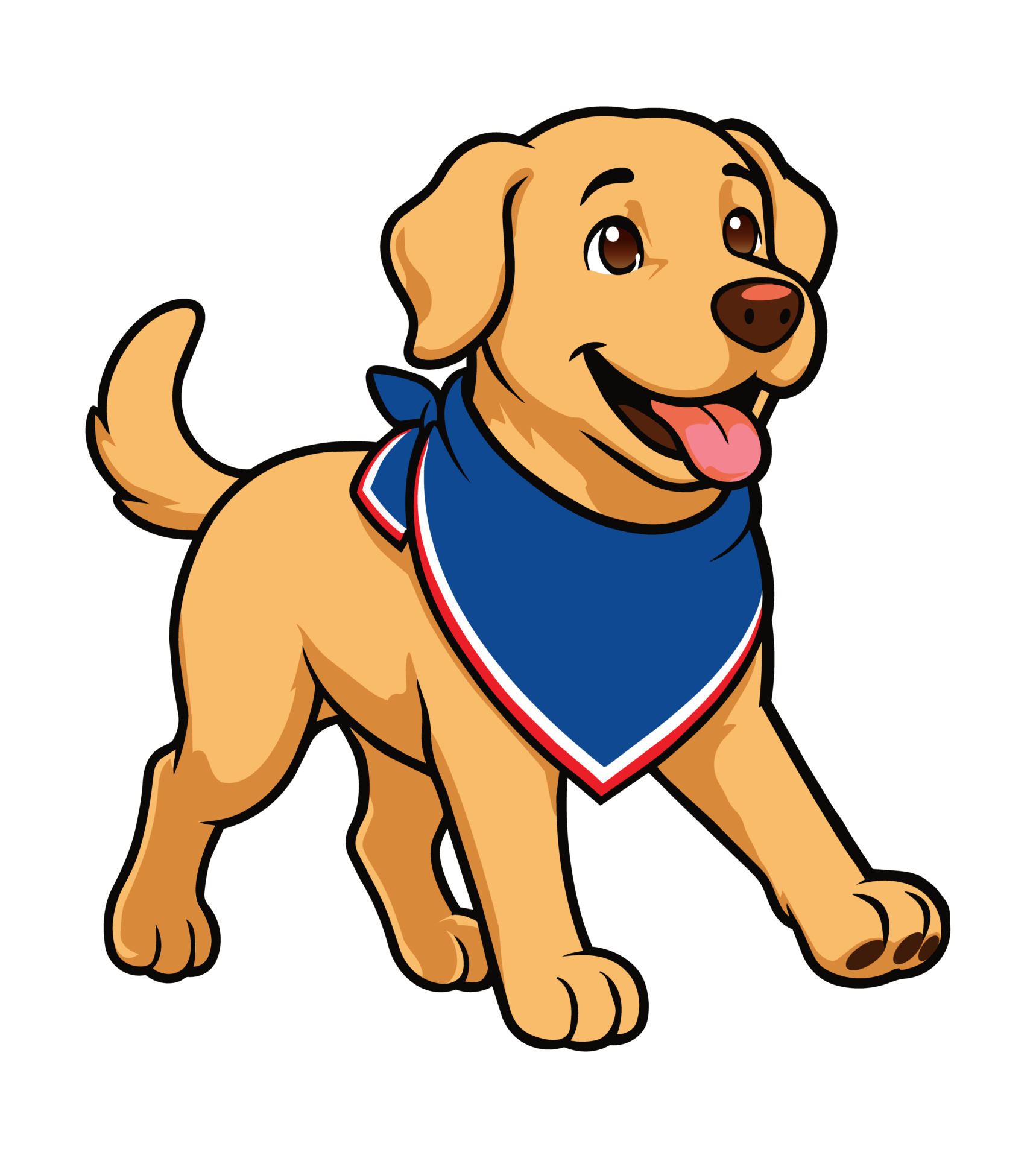 Derek Sawyer’s golden dog mascot wearing a blue, red, and white bandana