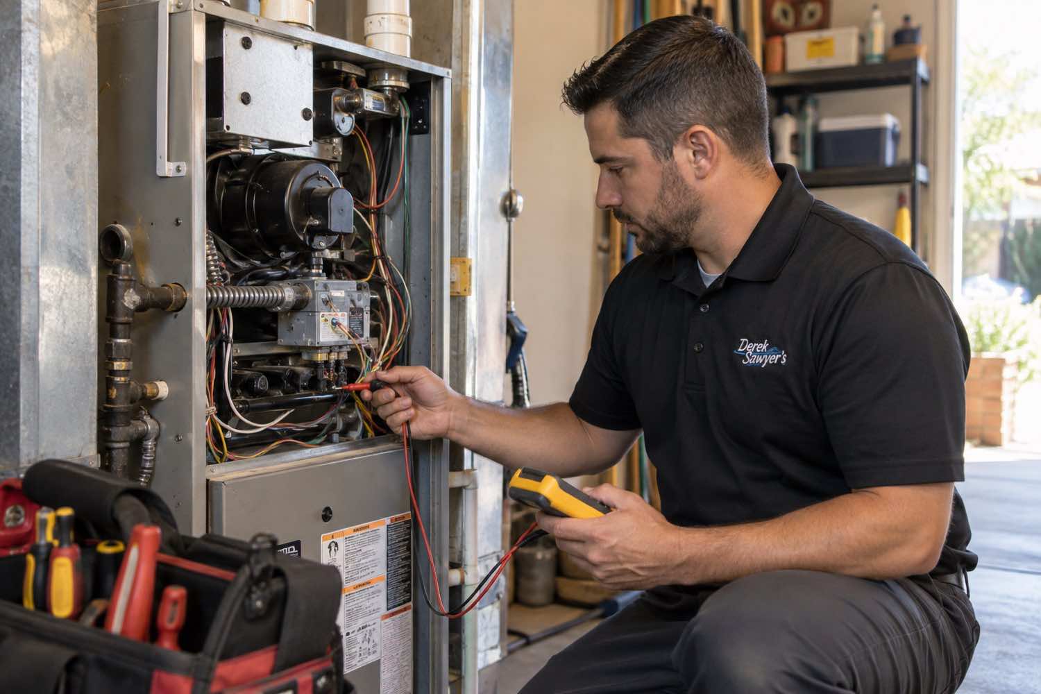 Derek Sawyer's technician performing furnace repair in Modesto CA