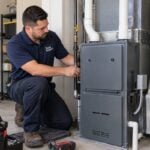 Derek Sawyer's technician preparing a residential furnace for fall in Modesto, California