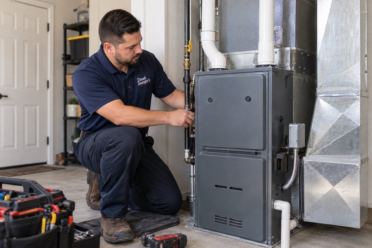 Derek Sawyer's technician installing a furnace in a Modesto home