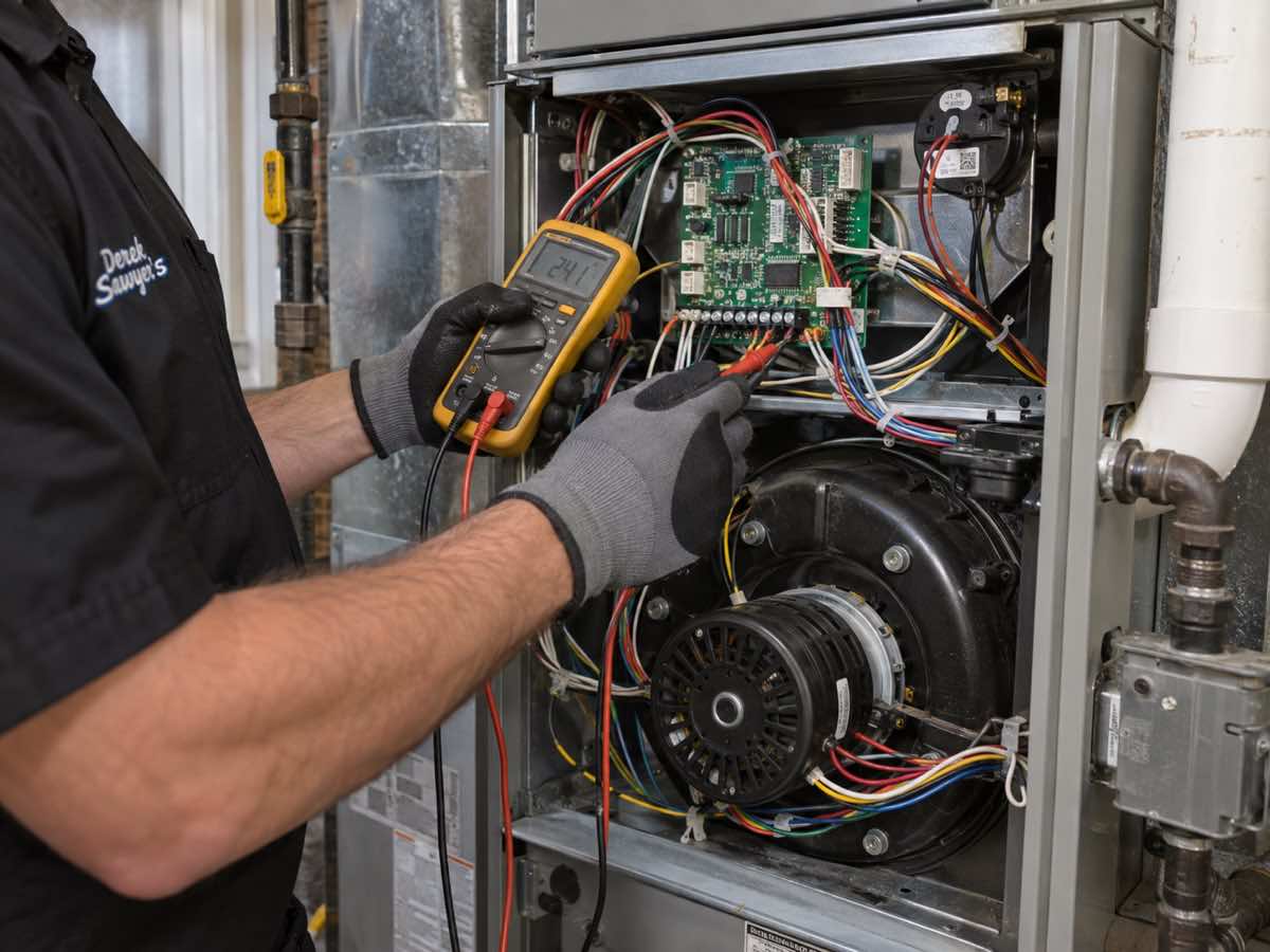 HVAC technician diagnosing a residential furnace in Modesto