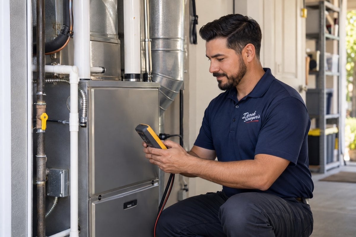 Technician checking a newly installed residential furnace in Modesto CA